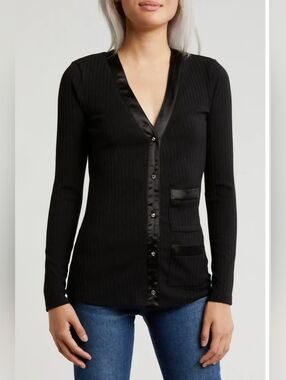Area Stars Bloomingdales Black Ribbed Button-Down Top with Satin Trim